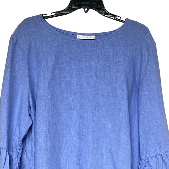 Bryn Walker Fran blue 100% linen ruffle 3/4 sleeve hi low tunic top Lagenlook - Picture 3 of 11